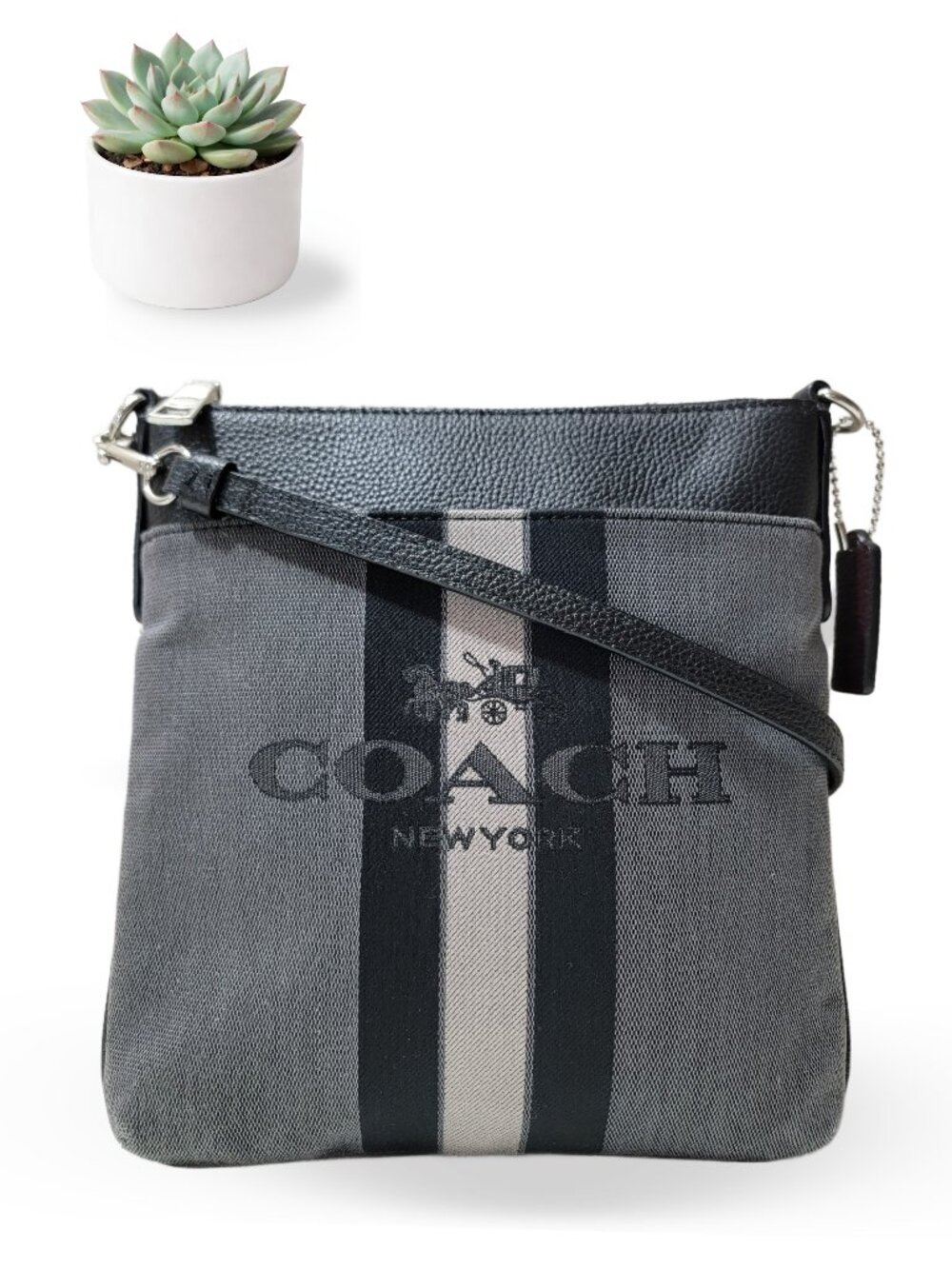 Coach Kitt Crossbody Charcoal Grey Signature Varsity Stripe Messenger Bag